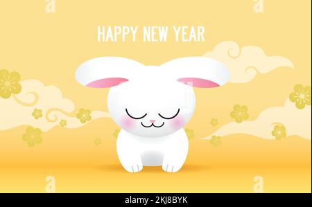 Grußkarte: Happy Spring Festival, MondNeujahr oder chinesische Neujahrsfeier. Jahr des Kaninchens 2023 Kartenvektor mit niedlichem, gebogenem Kaninchen. Stock Vektor