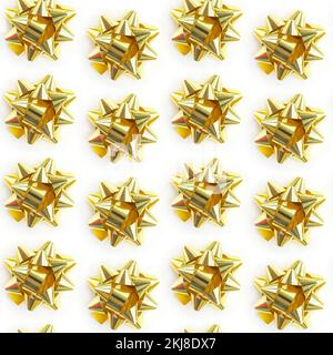 Nahtloses Muster mit goldener Schleife auf weißem Hintergrund. Ästhetischer minimaler moderner Hintergrund. Stockfoto