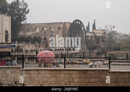 Riesige hölzerne Wasserräder aka Norias am Fluss Orontes, Hama, Syrien Stockfoto