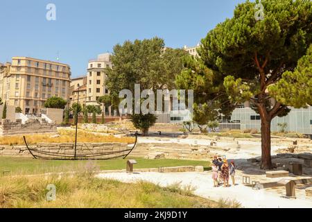 Archäologische Stätte, Jardins des vestiges, Teil der Musée d'Histoire de Marseille, Marseille Historisches Museum, Marseille, Marseille, Kommune in, Bouches-du-Rhône, die zweitgrößte Stadt Frankreichs, Marseille, ist die Präfektur des französischen Departements Bouches-du-Rhône und der Hauptstadt, Der Region Provence-Alpes-Côte d'Azur. Südfrankreich, Frankreich, Frankreich, zweitgrößte Stadt in Frankreich, August, Sommer, Europa, Europa, der Jardin des vestiges ist ein Garten mit den archäologischen Überresten des alten Hafens von Marseille, Frankreich. Der Standort befindet sich im 1. Arrondissement, Stockfoto