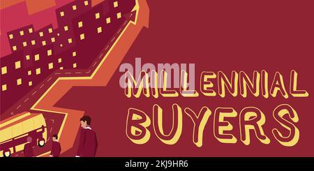Schreiben mit Text Millennial Buyers, Business Approach Art von Kunden, die an Produkten mit Trend interessiert sind Stockfoto