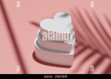 Weiße Herzen bei Sonnenuntergang auf pinkfarbenem Hintergrund 3D Rendern. Stockfoto