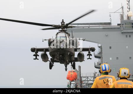 USA Der Partner (Handling) der Navy Aviation koordiniert die Ankunft und Landung der USA Army AH-64E Apache Helikopter auf der USS Lewis B. Puller während einer Qualifizierungsübung für Deckslandungen im Persischen Golf am 10. November 2022. Zwei US-Besatzungen Army UH-60m Black Hawk Helicopters vom 3.. Bataillon, 142.. Luftfahrtregiment, Angriffs Helikopter-Bataillon und zwei AH-64E Apache Helikopter vom 1.. Bataillon, 101.. Luftfahrtregiment, Attack Helicopter Battalion, verbunden mit der 36.. Kampfluftfahrtbrigade, führten Deckslandequalifikationen durch, um die Betriebsverfahren von zu erlernen Stockfoto