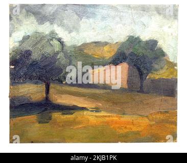 Ölgemälde auf Tablex, Bäume, Maler, Maler ein Bild malen, Öl, sitzender Maler, künstlerischer Ausdruck, künstlerisch, Vorstellungskraft, Kunst, Ausdruck, Stockfoto