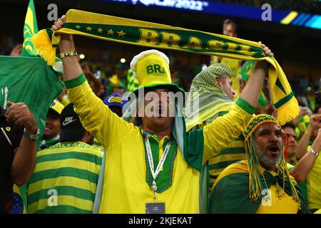 Doha, Katar. 24.. November 2022. Ein brasilianischer Fan unterstützt sein Team beim FIFA World Cup Group G-Spiel 2022 im Lusail Stadium in Doha, Katar, am 24. November 2022. Foto: Chris Brunskill/UPI Credit: UPI/Alamy Live News Stockfoto