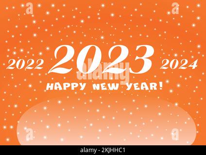 2023 Frohes Neujahr, orangefarbener Hintergrund mit weißen Sternen und Schneeflocken für Ihre saisonale Flyer- und Grußkarte. 2022 und 2024 werden verblasst. Stock Vektor