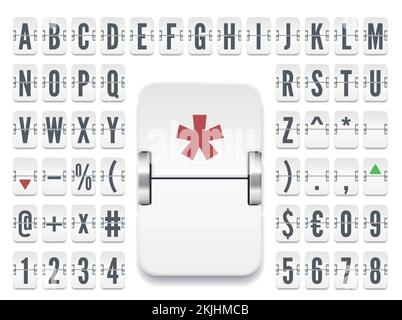 Weiße Flipboard-Schrift mit Zahlen zur Anzeige der Wechselkurse der Aktien. Mechanisches Scoreboard-Alphabet des Retro-Flughafenterminals für Finanzinformationen und Vektordarstellung des Fahrplans Stock Vektor