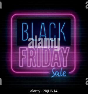 Black friday Leuchtkasten in Pink-Blau mit jährlichem Rabattangebot. Preisnachlass für Jugendliche mit minimalem Aufkleberdesign. Bannervorlage für Vektorgrafiken für den größten Umsatz des Jahres. Stock Vektor