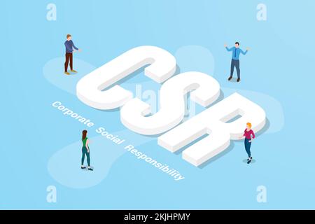 csr Corporate Social Responsibility großes Textwort und Menschen mit moderner isometrischer Vektordarstellung Stockfoto