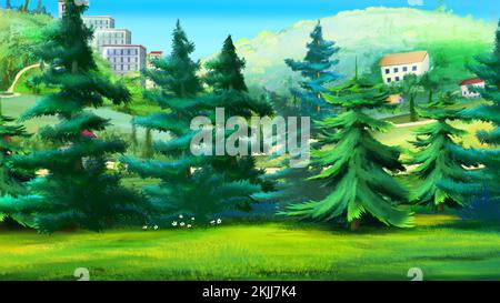 Fichte im Park an einem Sommertag. Digital Painting Background, Illustration. Stockfoto