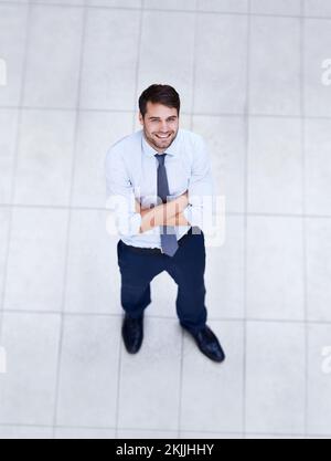 Er vertraut auf seine Fähigkeiten. Hochwinkel-Porträt eines gutaussehenden und selbstbewussten jungen Geschäftsmannes. Stockfoto