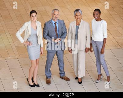 Sie sind das Gehirn hinter der Operation. Hochwinkelporträt einer vielfältigen und selbstbewussten Gruppe von Geschäftsleuten. Stockfoto