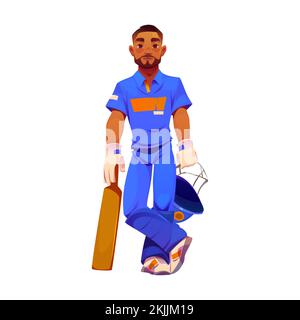 Cricketspieler in blauer Sportuniform. Stehender indischer Profi-Schlagmann mit Cricketschläger und Helm isoliert auf weißem Hintergrund, Vektor-Cartoon-Illustration Stock Vektor