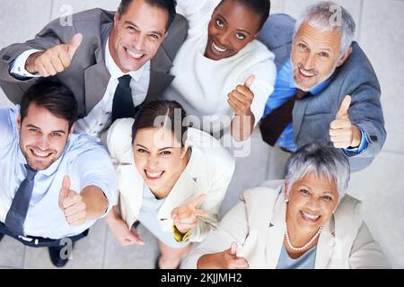 Teamgeist. Porträt einer Gruppe begeisterter Geschäftsleute, die Daumen nach oben zeigen. Stockfoto