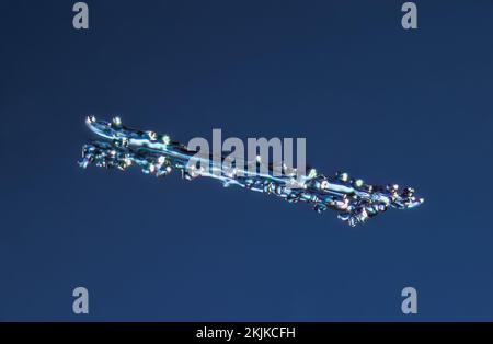 Echte Nadel Schneeflocke bei hoher Vergrößerung. Makro-Foto von kleinen umrandet Schneekristall, Schneeflocke leuchtet auf dunkelblauem Hintergrund Stockfoto