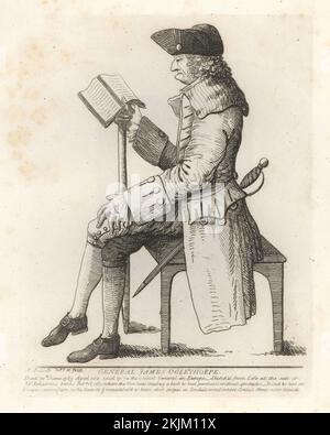 General James Oglethorpe, 1786 Jahre alt, 102 Jahre alt. James Edward Oglethorpe, 1696-1785, britischer Soldat, Abgeordneter und Philanthrop, Gründer der Kolonie von Georgien im damaligen Britischen Amerika. Skizziert aus dem Leben beim Verkauf von Dr. Johnsons Büchern von Samuel Ireland. Copperplate-Gravur aus Samuel Woodburn's Gallery of Rare Portraits, bestehend aus Original-Platten, George Jones, 102 St Martin's Lane, London, 1816. Stockfoto