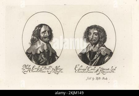 Philip Herbert, 4. Graf von Pembroke und 1. Graf von Montgomery, 1584-1650, englischer Höflicher, Adliger und Politiker. Edward Sackville, 4. Earl of Dorset, 1591-1652, englischer Höflicher, Soldat und Politiker. William Faithorne, verkauft von Robert Peake. Copperplate-Gravur aus Samuel Woodburn's Gallery of Rare Portraits, bestehend aus Original-Platten, George Jones, 102 St Martin's Lane, London, 1816. Stockfoto