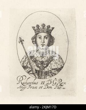 Richard II. Oder Richard von Bordeaux, 1367-1400. König von England von 1377 bis zu seiner Absetzung 1399. Mit Krone, Kugel und Zepter, im Mantel mit Minenmantel und Kragen. König Richard II. Von England. Aus William Faithornes Kings Set. Richardus II, GD Rex Ang Fran et Dom Hib. Copperplate-Gravur aus Samuel Woodburn's Gallery of Rare Portraits, bestehend aus Original-Platten, George Jones, 102 St Martin's Lane, London, 1816. Stockfoto