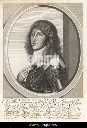 Prinz Rupert vom Rhein, Herzog von Cumberland, 1619-1682. Deutsch-englischer Soldat, Admiral und Wissenschaftler. Prinz Rupert, Graf Palatin vom Rhein, General des Pferdes für König Karl. In Spitzenkragen und Plattenpanzer. Kopiert von William Faithorne nach Anthony van Dyke, verkauft von Robert Peake. Copperplate-Gravur aus Samuel Woodburn's Gallery of Rare Portraits, bestehend aus Original-Platten, George Jones, 102 St Martin's Lane, London, 1816. Stockfoto