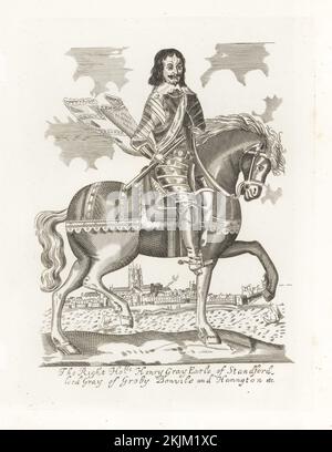 Henry Grey, 1. Earl of Stamford, c. 1599-1673. Englischer Adliger und Militärführer. Rundkopfgeneral bei der Belagerung von Exeter besiegt. Vignette der Kathedrale von Exeter und des Flusses exe. Auf dem Pferderücken, mit Spitzenkragen, Rüstung, Stiefeln und Sporen. Henry Gray, Graf von Standford, Lord von Groby, Bonvile und Harrington. Aus dem einzigartigen Reitausdruck in Earl Spensers Clarendon. Copperplate-Gravur aus Samuel Woodburn's Gallery of Rare Portraits, bestehend aus Original-Platten, George Jones, 102 St Martin's Lane, London, 1816. Stockfoto