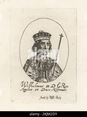 König Wilhelm II. Von England, William Rufus, c.1056-1100. In Krone, Hermelmantel und Schmuckkragen, mit Kugel und Zepter. Wilhelmus II, GD Rex Anglia et Dux Norman. Aus William Faithornes Kings Set, verkauft von Robert Peake. Copperplate-Gravur aus Samuel Woodburn's Gallery of Rare Portraits, bestehend aus Original-Platten, George Jones, 102 St Martin's Lane, London, 1816. Stockfoto