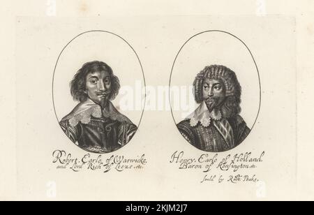 Robert Rich, 2. Earl of Warwick, 1587-1658. Englischer Kolonialverwalter, Admiral und Puritan, Kommandeur der parlamentarischen Marine während der Kriege der drei Königreiche. Henry Rich, 1. Earl of Holland, 1590-1649, englischer royalistischer Höflicher und Politiker. Henry, Earl of Holland, Baron of Kensington. Von einem seltenen Abdruck von William Faithorne, verkauft von Robert Peake. Copperplate-Gravur aus Samuel Woodburn's Gallery of Rare Portraits, bestehend aus Original-Platten, George Jones, 102 St Martin's Lane, London, 1816. Stockfoto