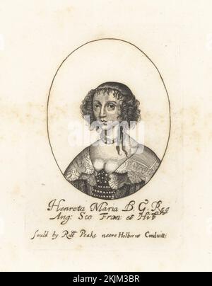 Henrietta Maria, Königin von England, Schottland und Irland aus ihrer Ehe mit König Karl I., 1609-1669. Mit Haaren in Locken, Perlenkette, breitem Spitzenkragen, schmuckelförmigem Oberteil. Henrietta Maria, Königin von König Karl I. Henreta Maria DG Reg Ang SCO Fran et Hib. Von William Faithornes Kings Set, verkauft von Robert Peake bei Holborne Conduitt. Copperplate-Gravur aus Samuel Woodburn's Gallery of Rare Portraits, bestehend aus Original-Platten, George Jones, 102 St Martin's Lane, London, 1816. Stockfoto