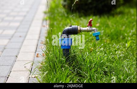 Wasserhahn in einem Park, um den Wasserschlauch darauf einzustellen, um das grüne Gras im öffentlichen Park zu hydratisieren. Chrom Wasserhahn in Natur Hintergrund Stockfoto