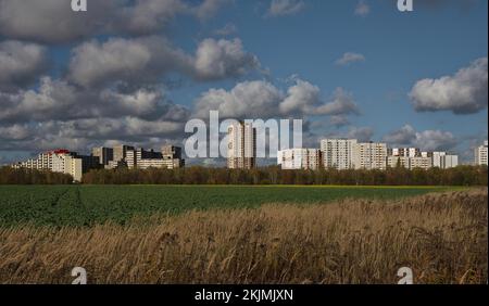 Blick über ein Feld bei Großziethen Richtung Berlin, vor Großziethen, Gemeinde Schönefeld, Bezirk Dahme-Spreewald, Bundesland Brandenburg, Stockfoto