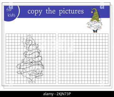 Kopieren Sie das Bild, Lernspiele für Kinder. Weihnachtsgnom Mit Zeichentrickfilm. Stock Vektor