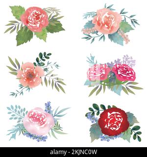 Ein Satz wässriger Blumenelemente, isoliert auf weißem Hintergrund. Vektordarstellung. Stock Vektor