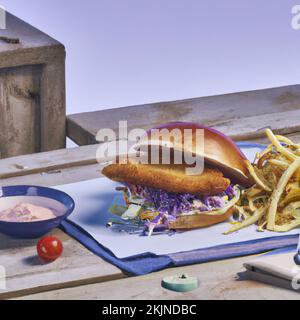 Essensdarstellung eines Fischburgers mit Rotkohl und Zwiebeln auf einem Tisch mit Pommes Frites. Stockfoto