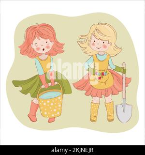 GARDEN FRIENDS zwei Frauen in Gummistiefeln mit einer Schaufel und Einem Eimer Wasser arbeiten im Spring Garden Cartoon Clip Art Vector Illustration Set für PRI Stock Vektor