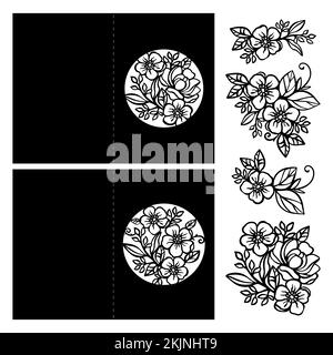 GRUSSKARTEN Schwarzweiß-Weihnachtskollektion aus Blumensträußen und Glückwunsch offene Rahmen zum Schneiden und Drucken Clipart Vector Illustratio Stock Vektor