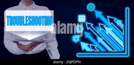 Handgeschriebenes Schild Fehlerbehebung. Wort für eine Handlung der Untersuchung oder Behandlung der aufgetretenen Probleme Stockfoto