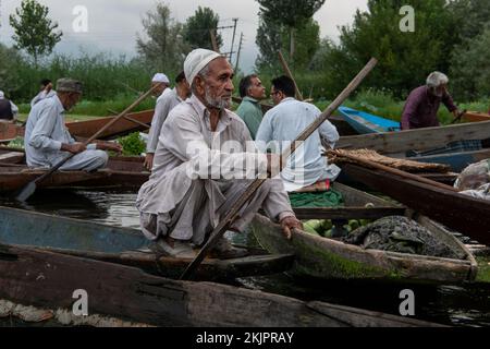 Indien, Srinagar, 2022-07-29. Ein Mann rudert sein Boot auf dem schwimmenden Markt von Srinagar, um sein Gemüse zu verkaufen. Foto von Alexander BEE/Hans Lucas. Stockfoto