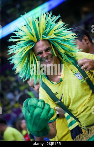 Ein brasilianischer Unterstützer mit einer verrückten grünen und gelben Perücke, der während eines Fußballspiels zwischen Brasilien und Serbien in Gruppe G der FIFA-Weltmeisterschaft 2022 in Lusail, Bundesstaat Katar, am Donnerstag, den 24. November 2022 abgebildet wurde. BELGA PHOTO VIRGINIE LEFOUR Kredit: Belga News Agency/Alamy Live News Stockfoto