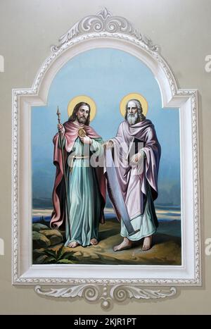 Heilige Simon und Judas Thaddeus, Fresken in der Pfarrkirche der Heiligen Kreuz-Exaltation in Oprisavci, Kroatien Stockfoto