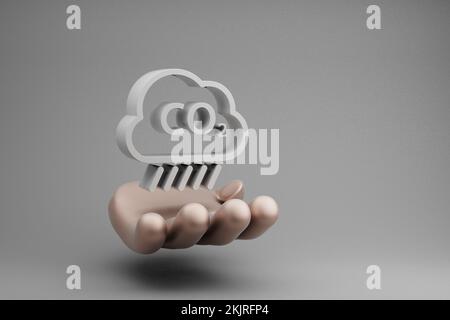 Wunderschöne abstrakte Illustrationen Goldene Hand Holding Cloud CO2 Symbol Symbol auf grauem Hintergrund. 3D-Rendering-Abbildung. Hintergrundmuster für des Stockfoto
