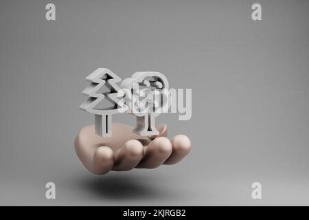 Wunderschöne abstrakte Illustrationen Goldene Hand hält Waldbäume Symbol Symbol auf grauem Hintergrund. 3D-Rendering-Abbildung. Hintergrundmuster für Stockfoto