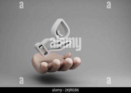 Wunderschöne abstrakte Illustrationen Goldene Hand mit dem Symbol für die Hand mit sauberem Wasser auf grauem Hintergrund. 3D-Rendering-Abbildung. Hintergrundmuster Stockfoto
