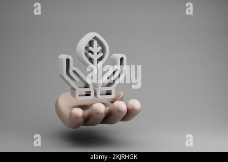 Wunderschöne abstrakte Illustrationen Goldene Hand Hand hält Hand Blatt Symbol Symbol auf grauem Hintergrund. 3D-Rendering-Abbildung. Hintergrundmuster für des Stockfoto