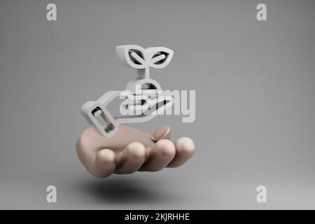 Wunderschöne abstrakte Illustrationen Goldene Hand Hand hält Hand Blatt Symbol Symbol auf grauem Hintergrund. 3D-Rendering-Abbildung. Hintergrundmuster für des Stockfoto