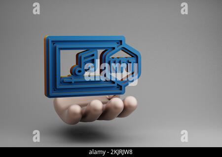 Wunderschöne abstrakte Illustrationen Goldene Hand Halten Blaues NFT-Musiksymbol auf grauem Hintergrund. 3D-Rendering-Abbildung. Hintergrundmuster für Stockfoto