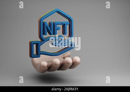 Wunderschöne abstrakte Illustrationen Goldene Hand Halten Blaues NFT-Handsymbol auf grauem Hintergrund. 3D-Rendering-Abbildung. Hintergrundmuster für Stockfoto
