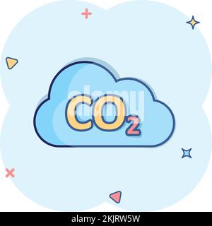 CO2 Emissions-Ikone im Comic-Stil. Wolke Katastrophe Cartoon Vektor-Illustration auf weißem isolierten Hintergrund. Umwelt Splash Effekt Zeichen Business con Stock Vektor