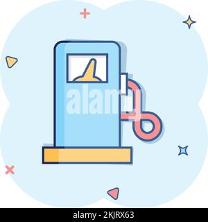 Kraftstoffpumpe Symbol im Comic-Stil. Tankstelle Cartoon Zeichen Vektor-Illustration auf weißem isolierten Hintergrund. Geschäftskonzept mit Benzinspritzer. Stock Vektor