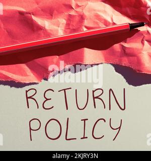Text mit den Rückgaberichtlinien. Geschäftsübersicht Steuererstattung Geschäftsbedingungen für den Einzelhandel beim Kauf Stockfoto