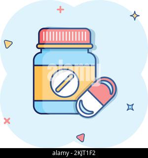 Eine Pillensymbol im Comic-Stil. Medizinische Kapseln Cartoon-Vektordarstellung auf weißem isoliertem Hintergrund. Apotheke-Zeichen-Business-Konzept-Splash-Effe Stock Vektor