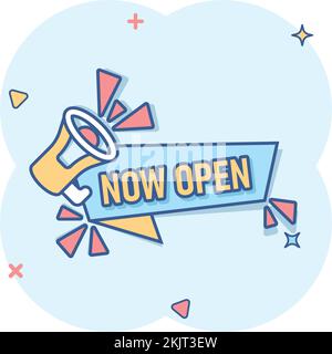 Öffnen Sie jetzt das Notizsymbol im Comic-Stil. Beschriftung mit Megafon-Cartoon-Vektordarstellung auf weißem isoliertem Hintergrund planen. Komm, Bullhorn-Schild Busine Stock Vektor